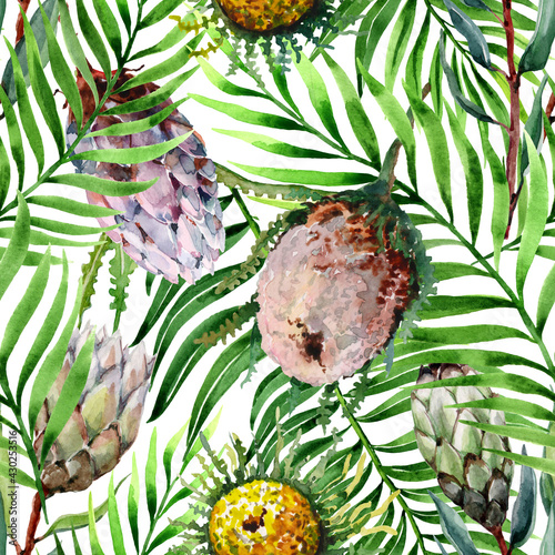 Botanical seamless pattern with tropical green leaves, exotic flowers of pink protea, yellow baxia. Hawaiian summer drawing. Hand-drawn watercolor painting on a white background. photo