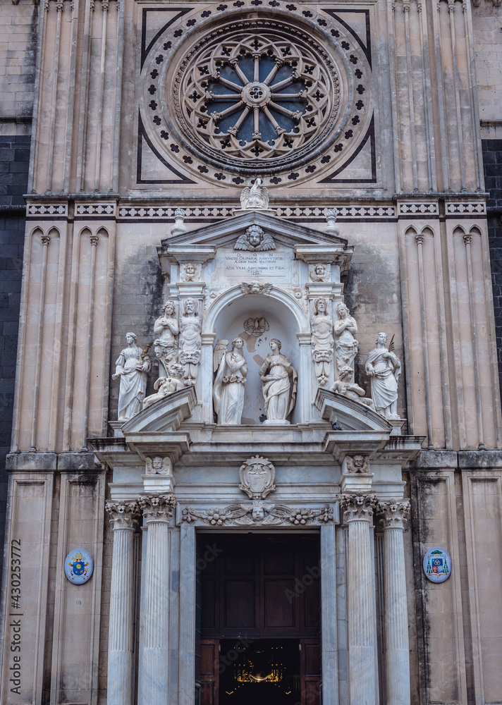 Facade of Cathedral of St Mary of Announcement in old town of Acireale city on Sicily Island, Italy