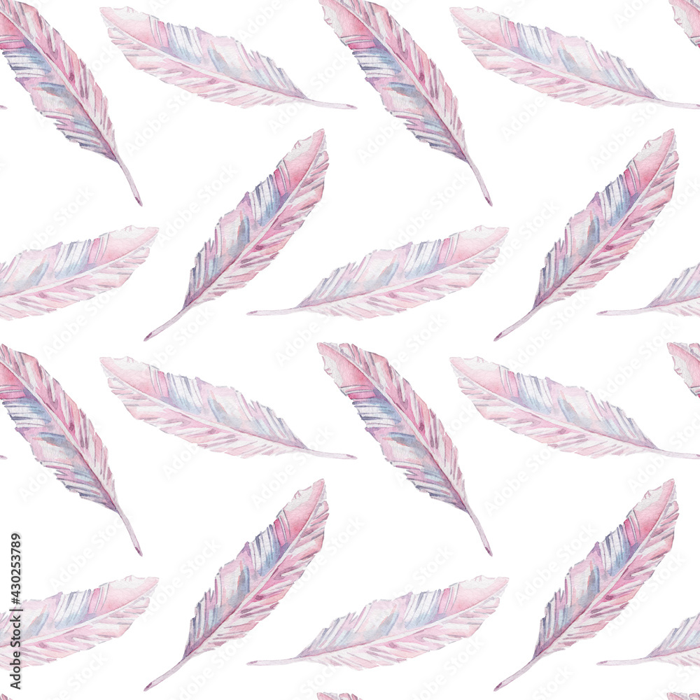 Seamless stylish pattern with soft pink bird feathers on a white background. Hand drawn watercolor for fabric, textile, packaging, background, print, wallpaper, scrapbooking, wrapper.
