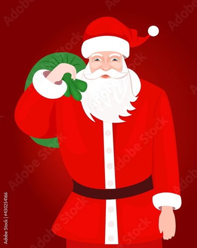Santa Claus with huge green bag with presents. Vector Illustration of Santa Claus carrying sack full of giftson red background. Merry Christmas and Happy New Year
