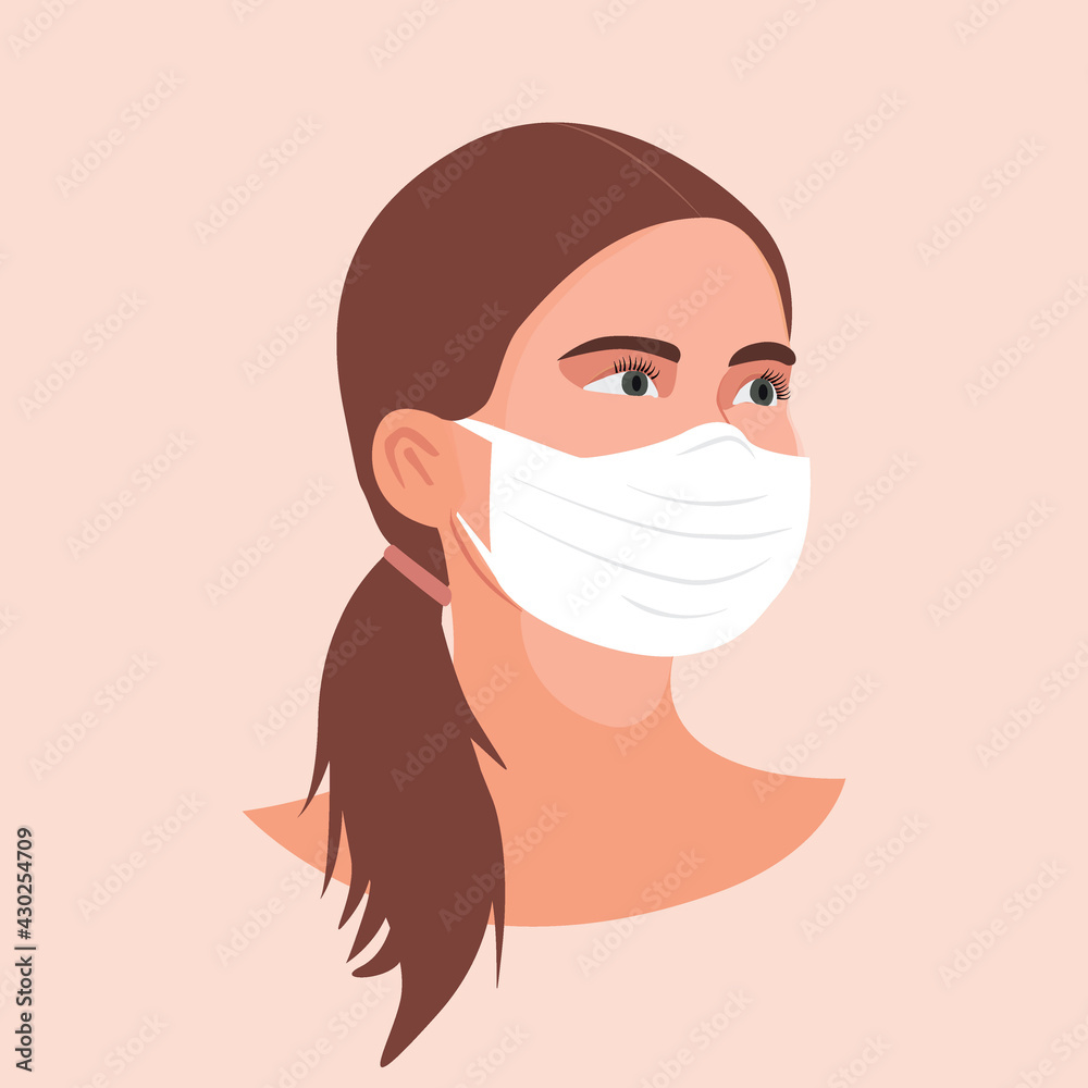 Beautiful woman portrait with protective face mask isolated over background. Vector Flat Illustration. Avatar of a masked young woman. Portrait of masked girl. New Coronavirus concept. Use face mask