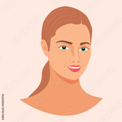 Beautiful woman portrait isolated on background. Vector Flat Illustration. The face of a pretty girl. Avatar of young woman. Portrait of woman's head and neck. Illustration of a beautiful girl face