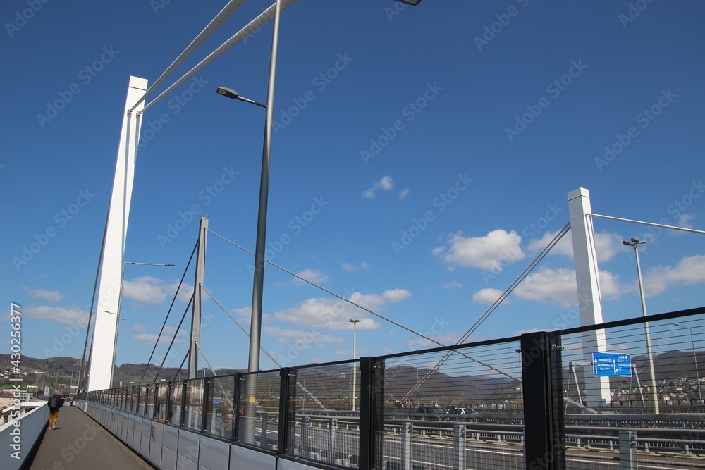 Linz, Austria: Modern Highway Steel Bridge over the Danube River. Europe.