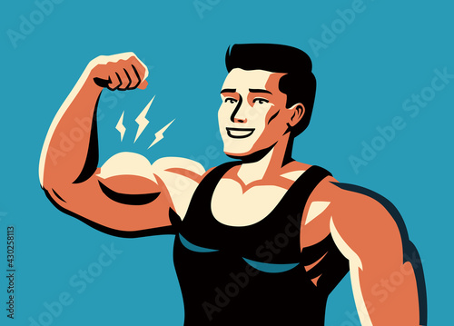 Canvas Muscular man flexing arm straining strong biceps