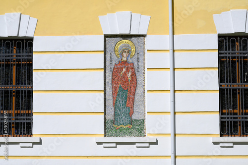Mosaic icon of the Holy Martyr Tatiana of Rome on the southern facade of the Cathedral of the Assumption of the Blessed Virgin Mary, Zubtsov, Tver region, Russia, September 19, 2020