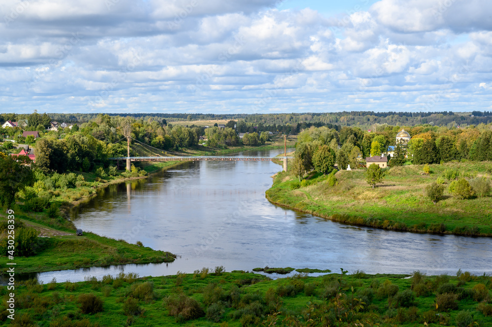 View of the Volga river and suspension bridge, Zubtsov, Tver region, Russian Federation, September 19, 2020