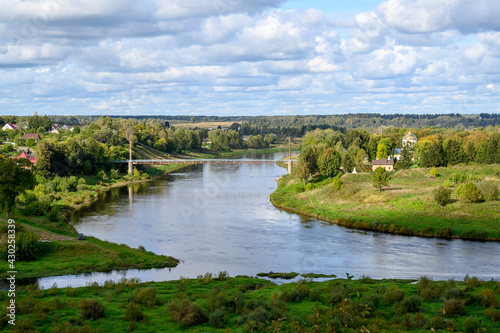 View of the Volga river and suspension bridge, Zubtsov, Tver region, Russian Federation, September 19, 2020