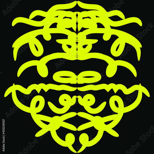 Abstract vector illustration of a yellow tattoo ornament on a black background, tattoo design with wings