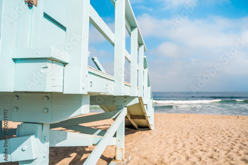 Details of the light blue lifeguard tower on Los Angeles beach, a recognizable feature of the tourist city