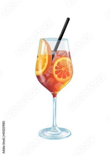 hand drawn illustration of summer refreshing cocktail aperol spritz in bright orange colors in a beautiful glass goblet