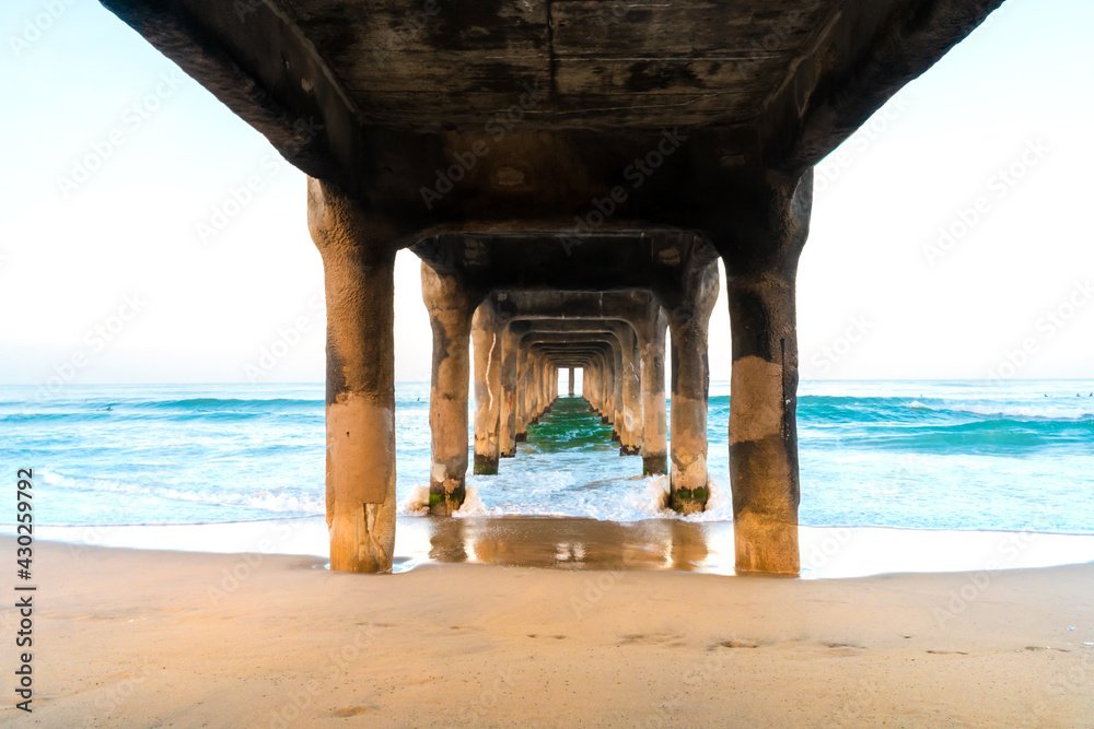 Manhattan Beach pier with ocean waves, Los Angeles, California