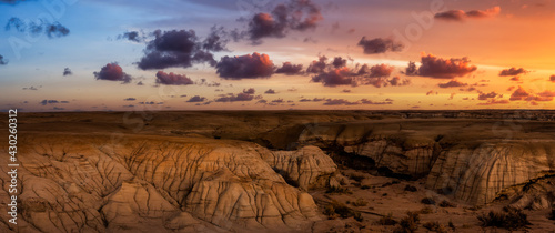 Panoramic landscape view of unique rock formation in the desert of New Mexico, United States of America. Colorful Sunrise Sky Art Render.