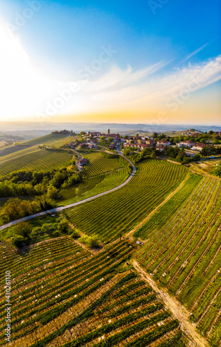 Treiso town landscape, Langhe, Piedmont, Italy. sunset light on vineyards