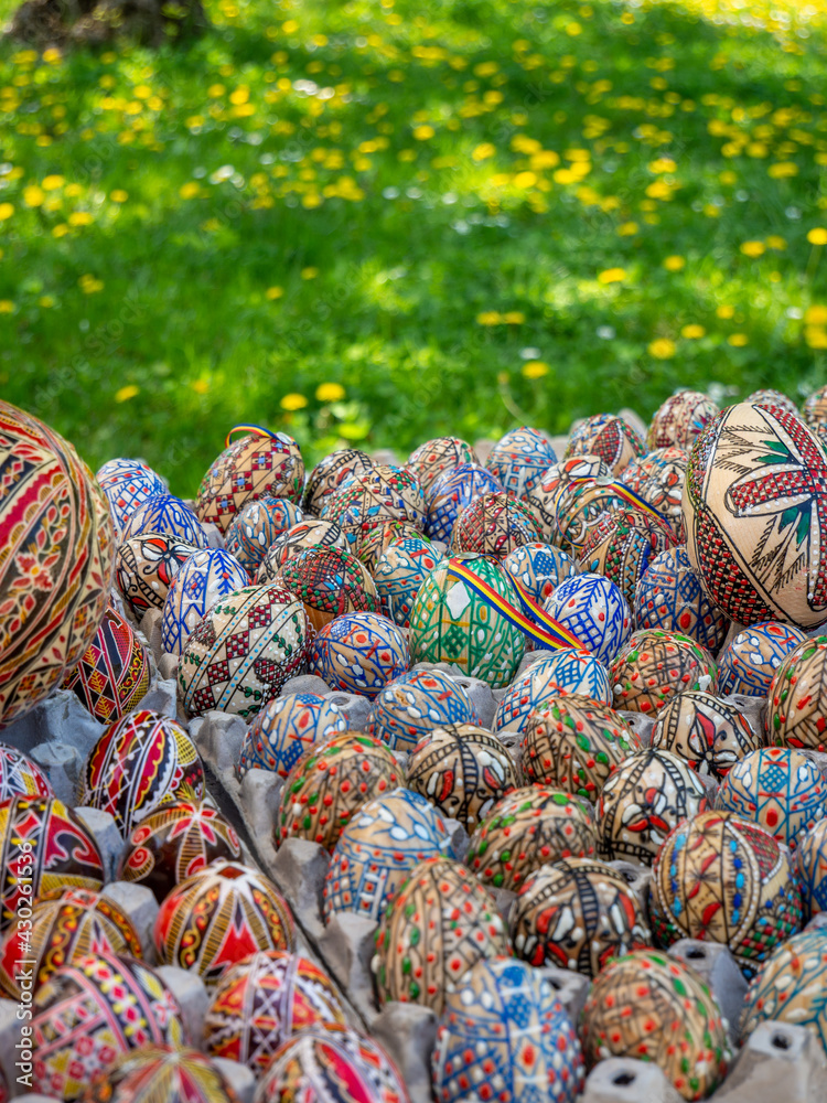 group of decorated romanian orthodox easter eggs on display