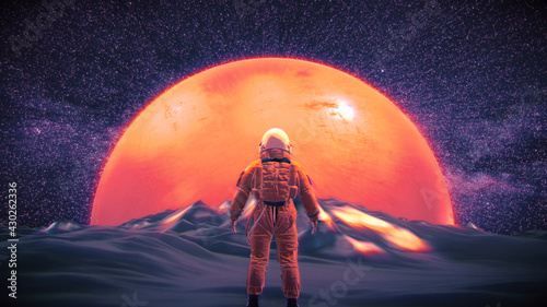 Astronaut vor leuchtendem Planet | Science Fiction / Retrowave / Synthwave | 3D Render Illustration mit Leuchteffekten