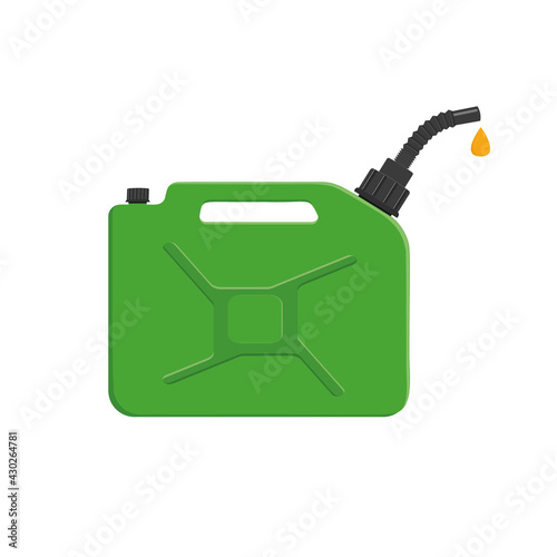 Gasoline canister with spout and pouring petrol drop. Gas can isolated on white background. Vector cartoon illustration.