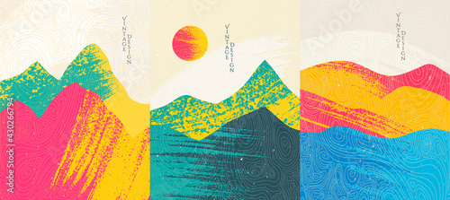 Vector illustration. Abstract landscape background. Hand drawn line pattern. Geometric template. Vintage art. Design elements for poster, cover, magazine, postcard. Colorful brush stroke. Hills by sea