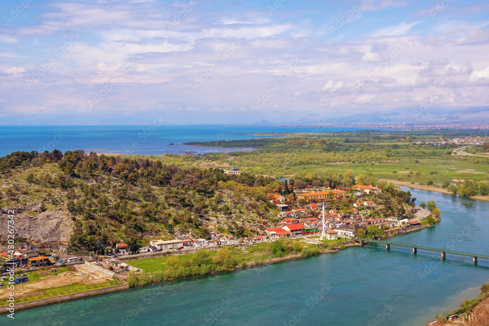 Fototapeta premium Albania, Shkoder city. View of Lake Skadar and Bojana river from wall of fortress Castle of Rozafa