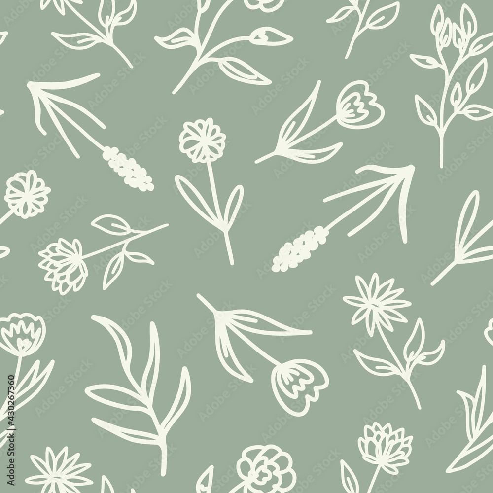 Different doodled flowers with leaves seamless pattern. Random placed vector botanical elements all over print on sage green background.