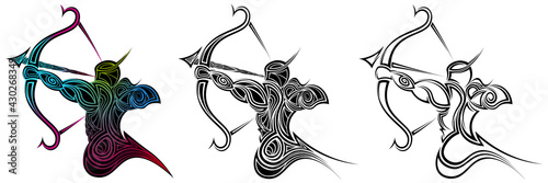 Three variants of the tattoo of a mythical abstract archer. Spirit with a bow. Set of silhouettes of a muscular man pulling an arrow over the aunt of his bow. Archer with bow and arrow. Sagittarius.