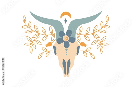 Magic vintage color ram skull with flower, branch of leaves, moon, star isolated on white background. Vector flat illustration. Bohemian design for tribal design, invitation, web, textile, wallpaper