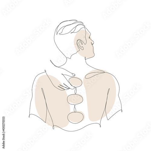 Hot stone massage for a man. Relaxation. Drawn with one line. View from above.