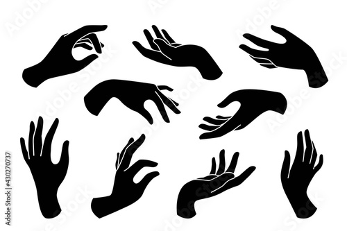 Hand drawn boho set of elegant female hands icons in silhouette isolated on white background. Collection of different hand gestures. Vector flat illustration. Design for cosmetics, jewelry,  manicure
