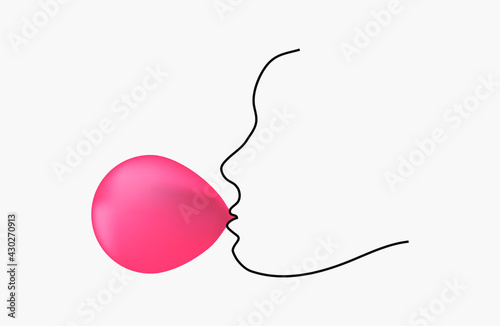 abstract one line drawing face with pink chewing gum. Minimal style portrait. Vector illustration