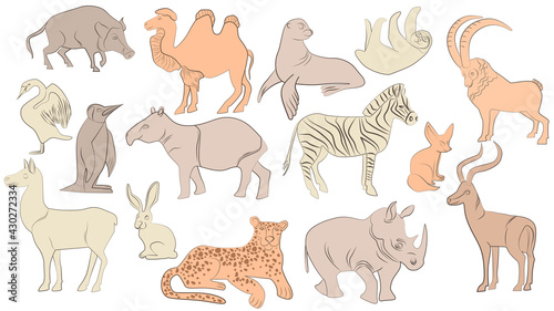 Fototapeta Naklejka Na Ścianę i Meble -  A set of cute jungle and African animals. Collection of exotic tropical birds, tiger, giraffe, rhino Children's characters. Flat vector illustration