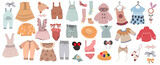 A collection of children's clothing for decorating a child's nursery. A set of summer collection of fashionable clothes for girls and boys. Handmade items with jumper, suit, dress, shoes, toys. Flat