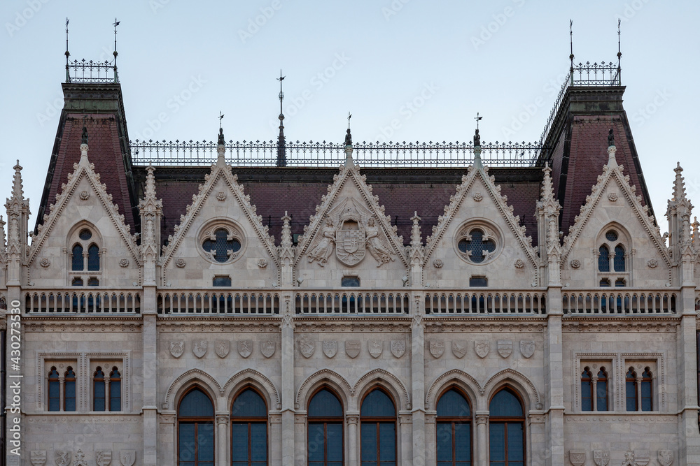 Fragment of the facade of the Hungarian Parliament building in Budapest