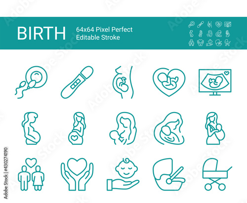 Set of line icons of pregnancy and birth. Editable vector stroke. 64x64 Pixel Perfect.