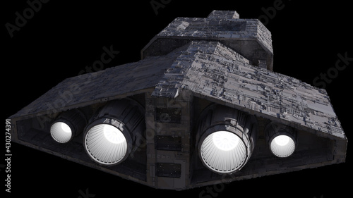 Tela Spaceship on black - Rear View with White Glowing Engines, 3d digitally rendered