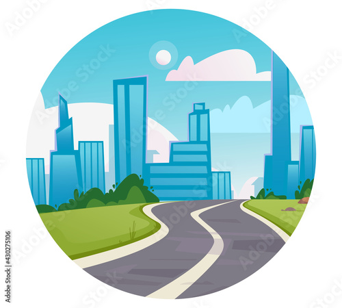 Round logo icon. Vector of a winding road leading to a big city. High-rise buildings  business center. Cartoon track for cars. Isolated on white background fun clipart