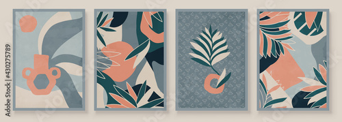 Teal and Peach Abstract Botanical Organic Art Illustration. Set of soft color painting wall art for house decoration. Minimalistic canvas background design. Vector wall art plants in boho style.