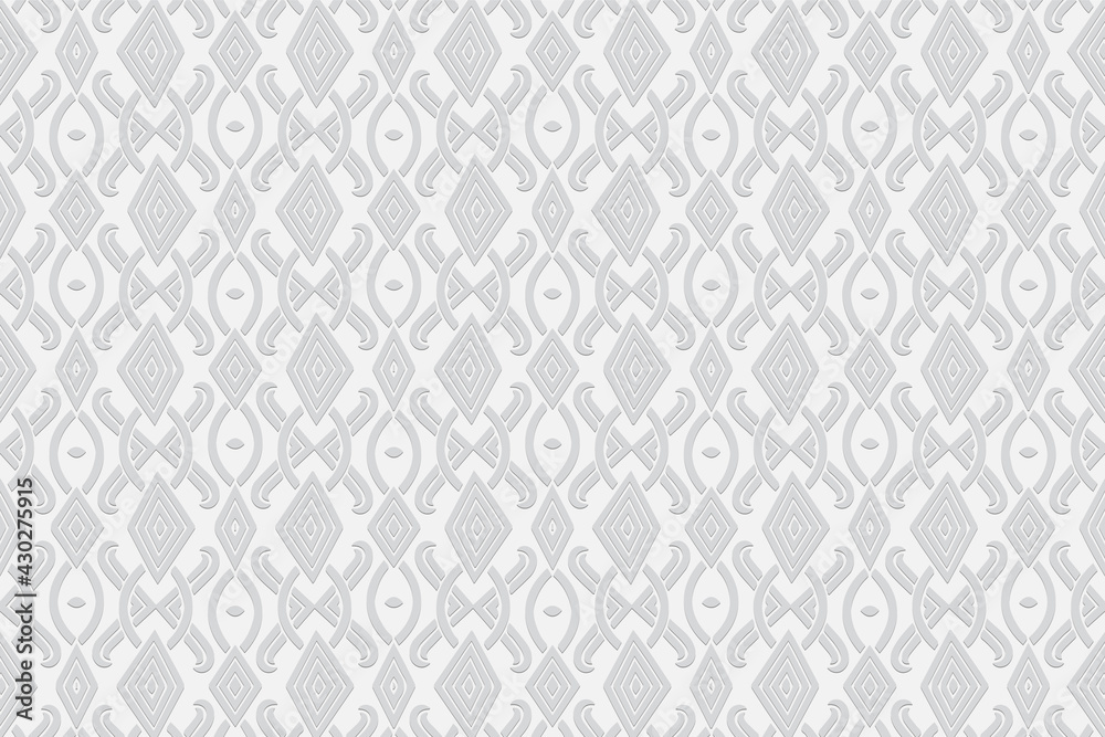 3d volumetric convex geometric white background. Ethnic embossed figured oriental islamic pattern. Design for presentations, websites, textiles, coloring. 3d volumetric convex geometric white background. Ethnic embossed figured oriental islamic pattern. Design for presentations, websites, textiles, coloring.