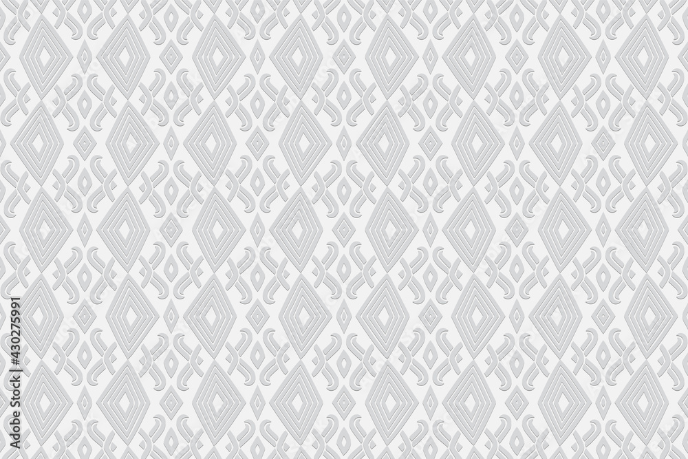 3d volumetric convex geometric white background. Ethnic embossed figured original oriental islamic pattern. Design for presentations, websites, textiles, coloring.