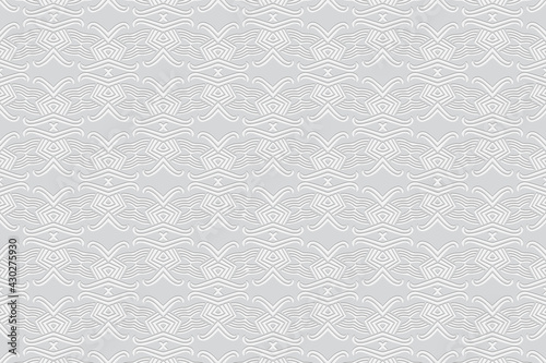 3d volumetric convex geometric white background. Ethnic embossed figured graceful oriental islamic pattern. Design for presentations, websites, textiles, coloring.