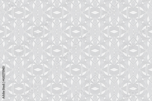 3d volumetric convex geometric trendy white background. Embossed oriental islamic pattern with traditional ethnic elements, shapes and lines. Design for presentations, websites, textiles.
