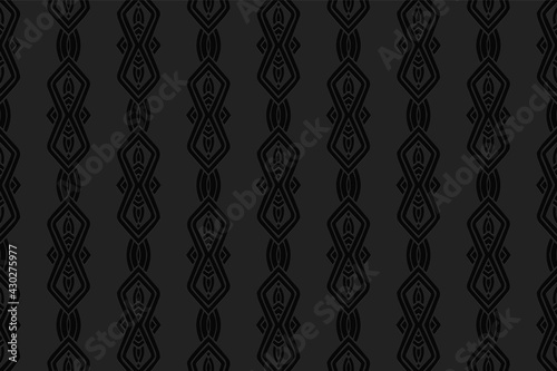 3d volumetric convex geometric black background. Embossed vertical oriental islamic pattern with traditional ethnic elements. Design for presentations, websites, textiles, coloring.