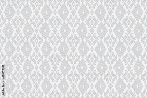 3d volumetric convex geometric white background. Ethnic embossed figured original oriental islamic pattern. Design for presentations, websites, textiles, coloring.