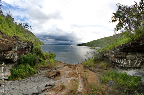 Old graffiti around a boat landing in Tagus Cove, Isabela Island, Galapagos, Ecuador photo