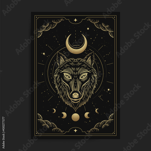 Wolf head with crescent moon with engraving, hand drawn, luxury, celestial, esoteric, boho style, fit for spiritualist, religious, paranormal, tarot reader, astrologer or tattoo vector