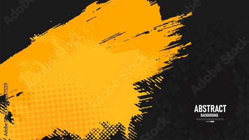 Black and yellow abstract background with brushstroke and halftone style.	
