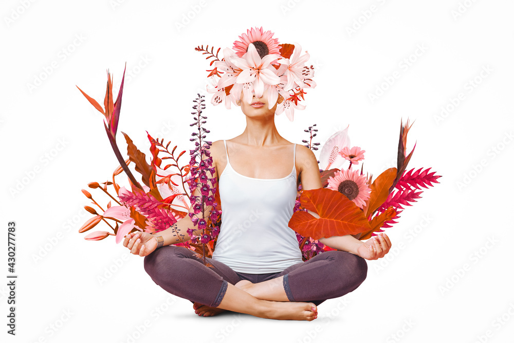 Abstract art design of young woman doing yoga with flowers around body - obrazy, fototapety, plakaty 