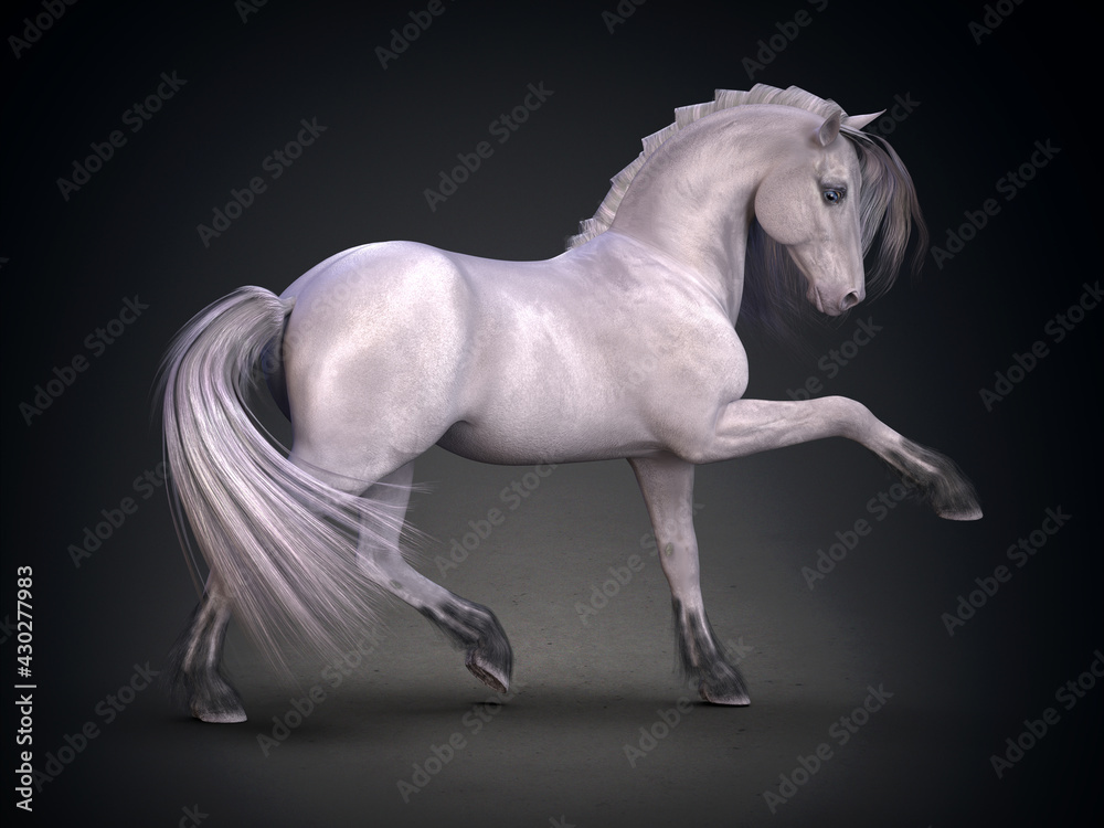 Beautiful white horse. 3D rendering