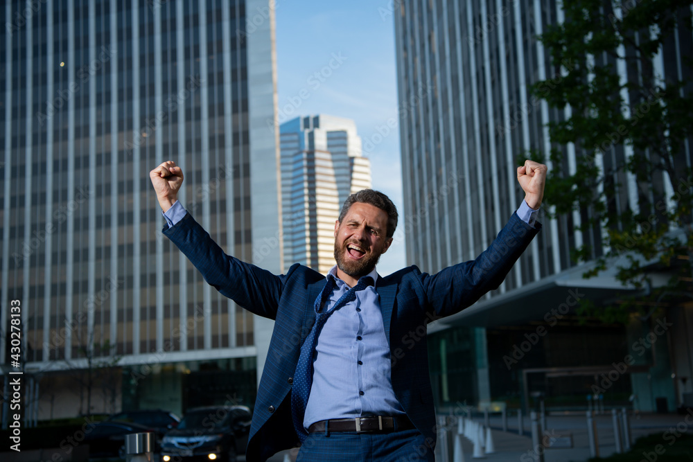 Overworked excited business man. Hard business work. Overworked excited business man. Hard business work.