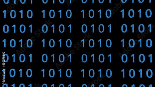 Technological background. Representation of binary code. Blue binary digits 1 and 0 in 3D space. Camera zooming out. Technology concept. Binary code footage. With Alpha channel.