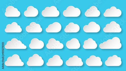 Clouds white paper cut icon set on blue sky. Different shape cloud abstract web banner template origami cartoon speech bubble symbol. Digital internet network data technology business concept sign