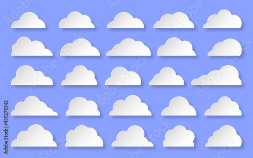 White paper cut clouds set isolated on blue background. Abstract different cloud shapes icon symbol collection. Network internet storage cartoon web banner. Think speech bubble origami concept